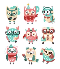 Fotobehang Stylized Design Owls Emoji Stickers Collection Of Cartoon Childish Vector Characters With Funky Elements © topvectors