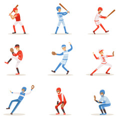 Fototapeta na wymiar Professional League Baseball Players On The Field Playing Baseball, Sportsmen In Uniform Set Of Vector Illustrations.