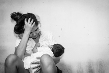 Teenage problem concept,Social problem,Teen women stress ,Teen have baby ,black and white tone