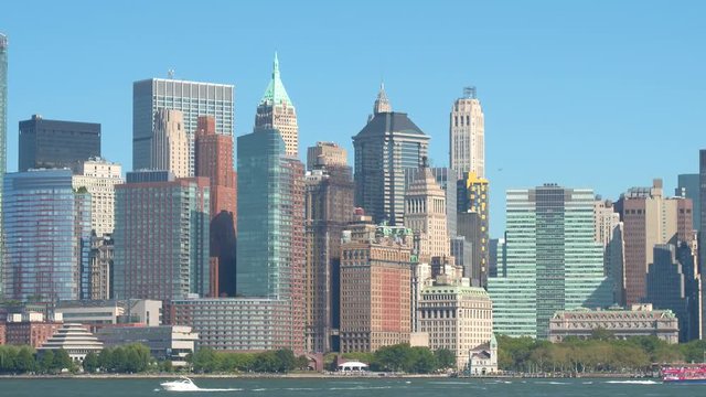 Iconic highrise buildings and contemporary glassy skyscrapers in Lower Manhattan