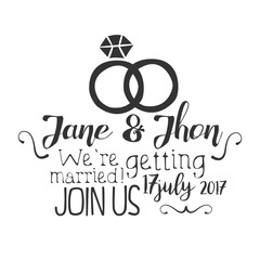 Wedding Day Black And White Invitation Card Design Template With Calligraphic Text And Rings