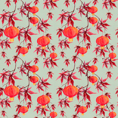 Red maple branch with paper lantern. Asian seamless pattern. Watercolor