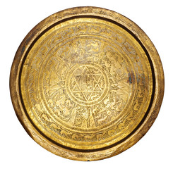Ancient bronze tray. Jewish culture, the people. Handmade, chasing, Star of David, glitter, gold
