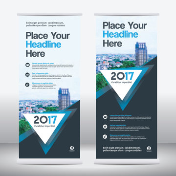 Blue Color Scheme with City Background 
Business Roll Up Design Template.Flag Banner Design. Can be adapt to Brochure, Annual Report, Magazine,Poster, Corporate 
Presentation,Flyer, Website