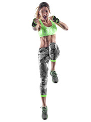 one caucasian woman exercising fitness boxing pilates piloxing excercises in studio isolated on white background