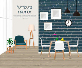 Furniture. Interior. Living room with sofa, table, lamp, pictures, window. The dining room and living room