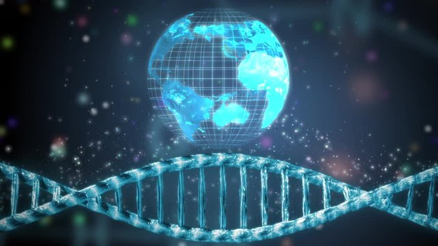 dna helix and digital hologram of the world, genetics research