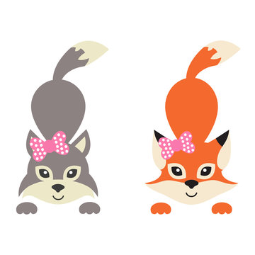 cartoon wolf and fox with bow 