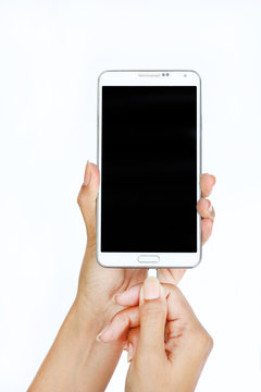 Hands Of Woman Connects Plug Of Charger Mobile Phone Or Smartphone Charging On White Background