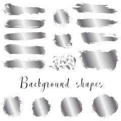 Silver ink borders, brush strokes, stains, banners, blots, splatters. Vector set of hand drawn grunge elements isolated on white background. 