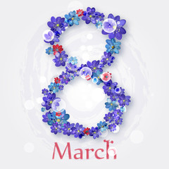 Happy International Women's Day and 8 march. greeting card with small red and blue flowers