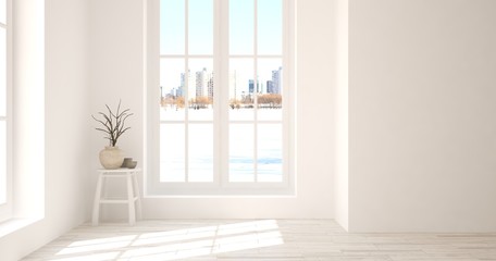 White room with chair and urban landscape in window. Scandinavian interior design