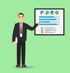 Businessman giving a presentation with banner. Infographic on office board. Business concept. Flat style
