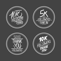 Fototapeta na wymiar Set of Thank you followers hand drawn badges for social networks, promotion and advertising. Vector Illustration.