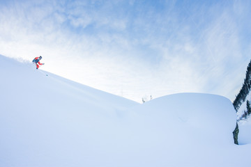 Naklejka na ściany i meble Freerider skier descends from the mountain in the light of the morning sun