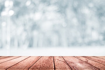 empty wooden on white blurred nature backdrop. Wood table top. can used for display or montage your...