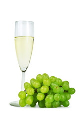 Ripe grapes, wine glass and bottle of wine isolated on white