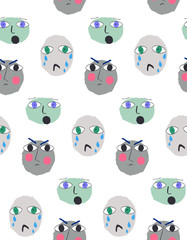 Seamless art fun pettern with cartoon faces. made like art kids design