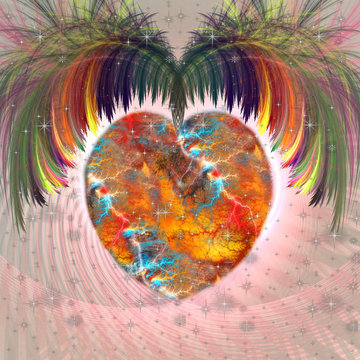 Bright multicolored fractal heart with wings