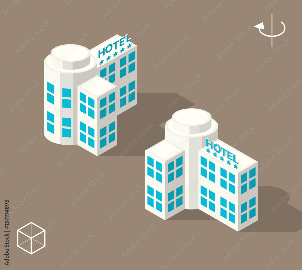 Poster set of isolated isometric minimal city elements . hotel with shadows on dark background