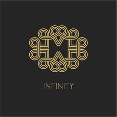 Ethnic elements of ancient civilizations. Vector logo design template and emblems in trendy linear style. Linear Gold emblem on a black background. Logo template for Cafe, Hotel, Restaurant