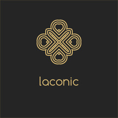 Fototapeta na wymiar Ethnic elements of ancient civilizations. Vector logo design template and emblems in trendy linear style. Linear Gold emblem on a black background. Logo template for Cafe, Hotel, Restaurant