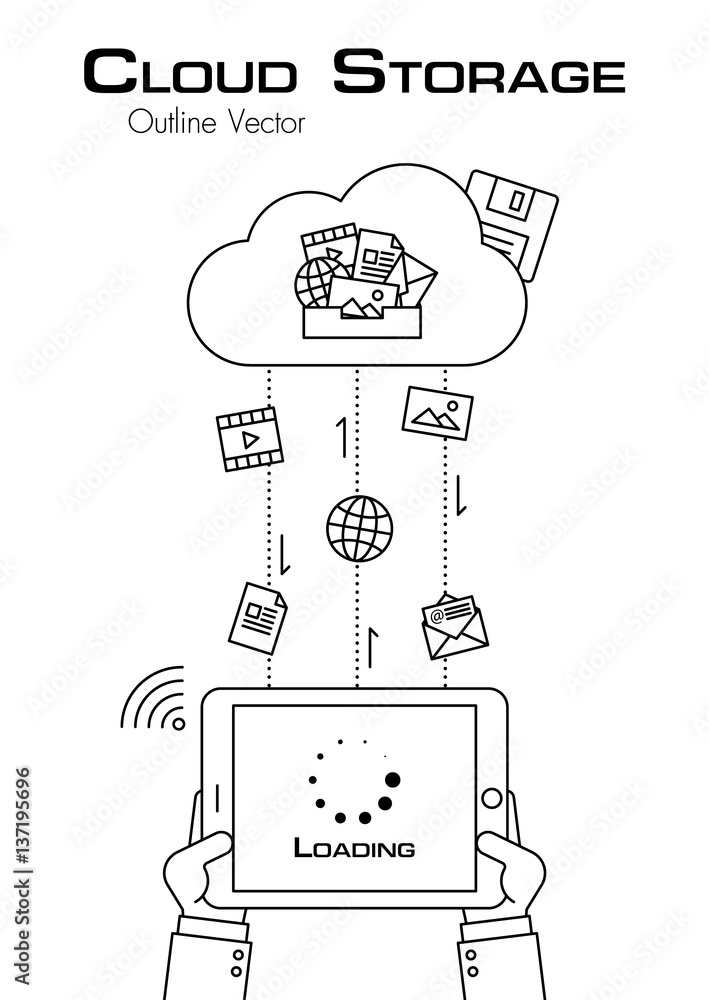 Aufkleber cloud storage . person use tablet to download more file from cloud server . outline style . flat des