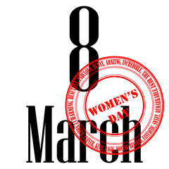 Card for women on March 8 on a white background with red and black lettering and red stamp