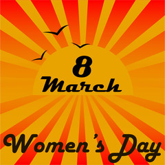 Postcard for women on March 8, with orange background sunrise or sunset and birds