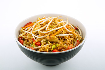 Noodles with vegetables and sprouts