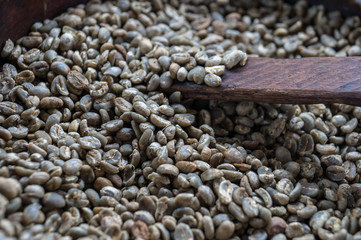 Green unroasted coffee beans in bowl with wooden spoon