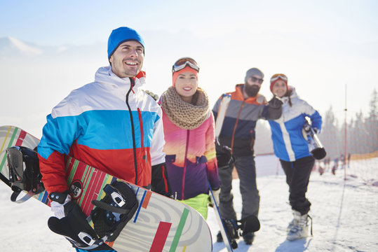 Snowboard team on the ski slope