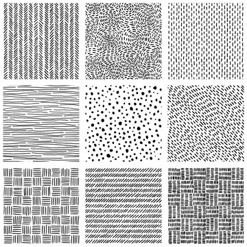 Collection of seamless patterns. Set of black and white prints for textiles. Handmade. Hand drawn geometric ornament. Doodle style.