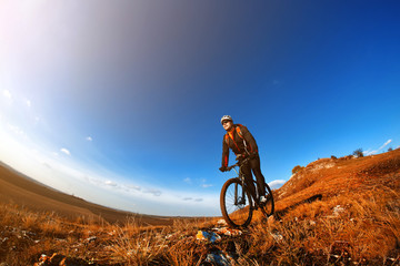 Naklejka na ściany i meble Mountain Bike cyclist riding single track outdoor with blue sky on background