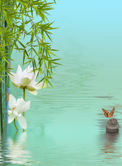 Fototapeta na wymiar composition détente, lotus, bambous et papillon 