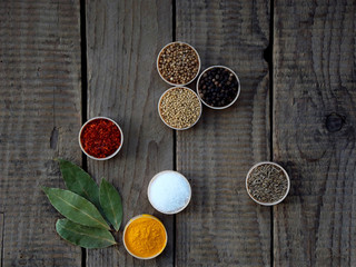 spices on a wooden background. Coriander, black pepper, paprika, mustard, turmeric, cumin. Mix for barbecue.
