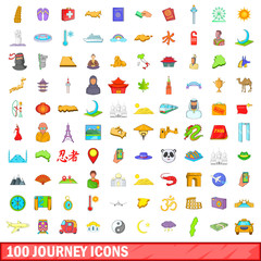 100 journey icons set, cartoon style