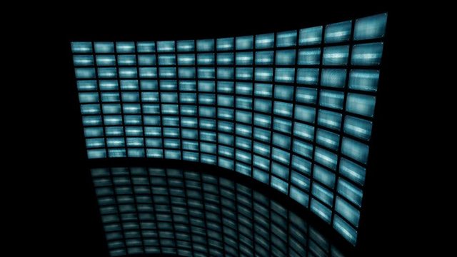 Animated distorted curved video wall turn to right loop able. 3D rendering 4K