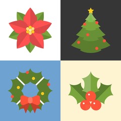 Naklejka na ściany i meble Christmas ornament flat design with long shadow, pine tree, wreath, holly and poinsettia