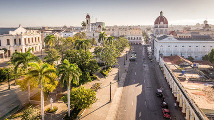 View on Jose Marti park with town hall and cathedral in Cienfuegos, Cuba