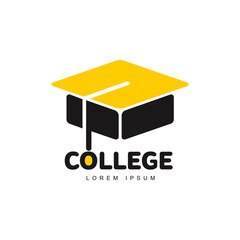 Graphic three colored square academic, graduation cap logo template, vector illustration isolated on white background. Stylized square graphic graduation cap logotype, logo design in three colors