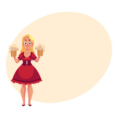 Woman in traditional German, Bavarian, Austrian country dress holding beer mugs, Oktoberfest, cartoon vector illustration with place for text. German girl in traditional Oktoberfest costume