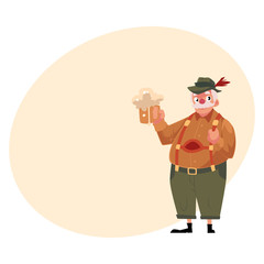 Elder grey haired man in traditional German, Bavarian Oktoberfest costume holding beer mug, cartoon vector illustration with place for text. German, Bavarian man in traditional costume