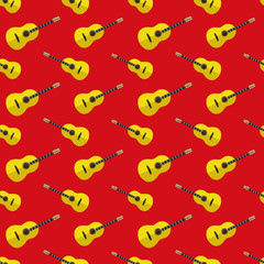 Yellow guitar on a red background.