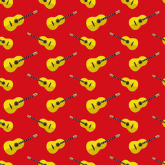 Yellow guitar on a red background.