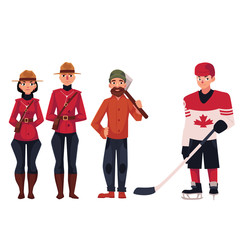 Canadian policeman, lumberjack and hockey player, cartoon vector illustration isolated on white background. Canadian mounted policemen in traditional uniform, hockey player and lumberjack