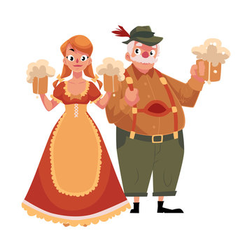 Man and woman in traditional German, Bavarian Oktoberfest costume holding beer mugs, cartoon vector illustration isolated on white background. German, Bavarian couple, people in traditional costume