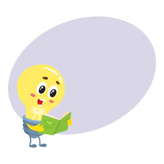 Cute light bulb character with funny face reading a book, cartoon vector illustration isolated on white background with place for text.