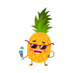 Cute and funny pineapple character in sunglasses holding a cocktail, cartoon vector illustration isolated on white background. Funky pineapple character, mascot in sunglasses and drinking a cocktail