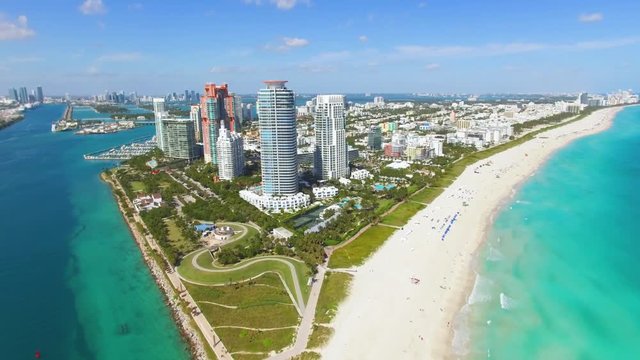 Aerial footage of Miami South Beach and Miami harbor